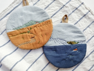 and for one-off pieces like our Imaginary Landscapes (armchair travels) pot-holders
